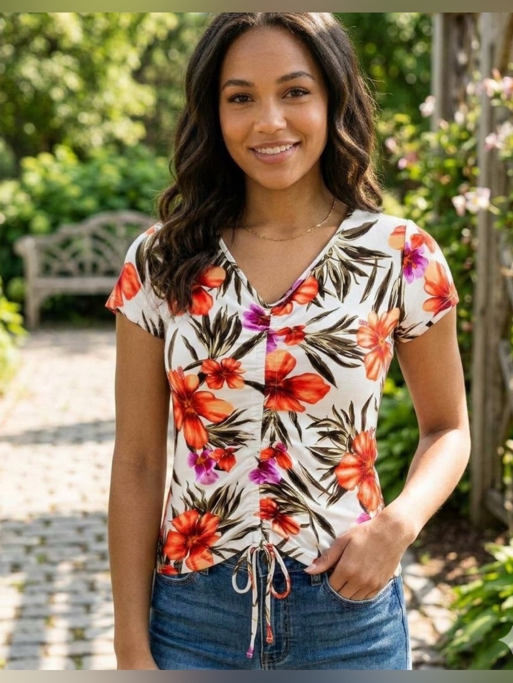 Free Kisses Front Drawstring Vibrant Print Top Size S